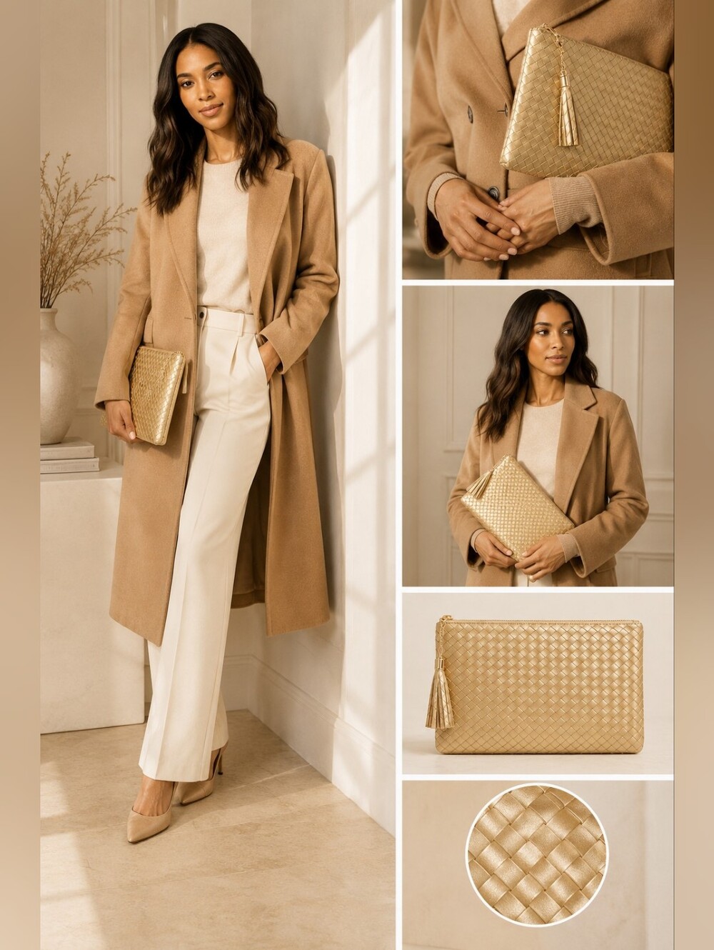 Virginia Wolf Mimi Woven Metallic Gold Clutch | Vegan Leather Tassel Pouch
